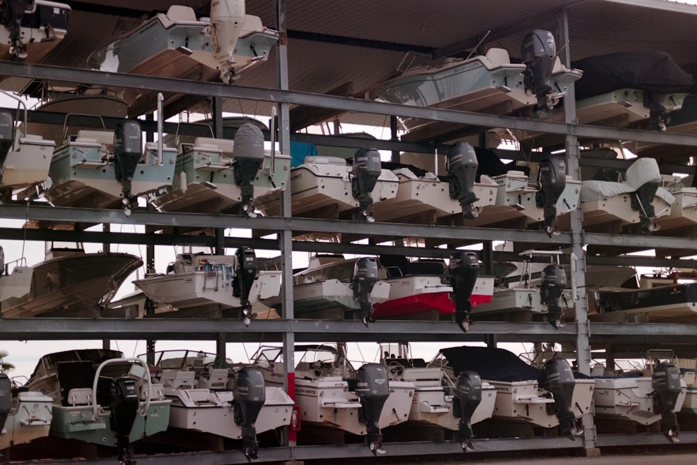 Warehouse of boat outboard engines ready for shipping